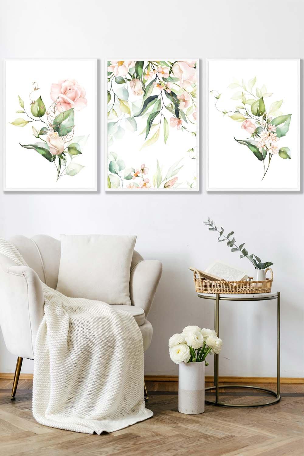 Set of 3 White Framed Pink Watercolour Rose Bouquets Wall Art